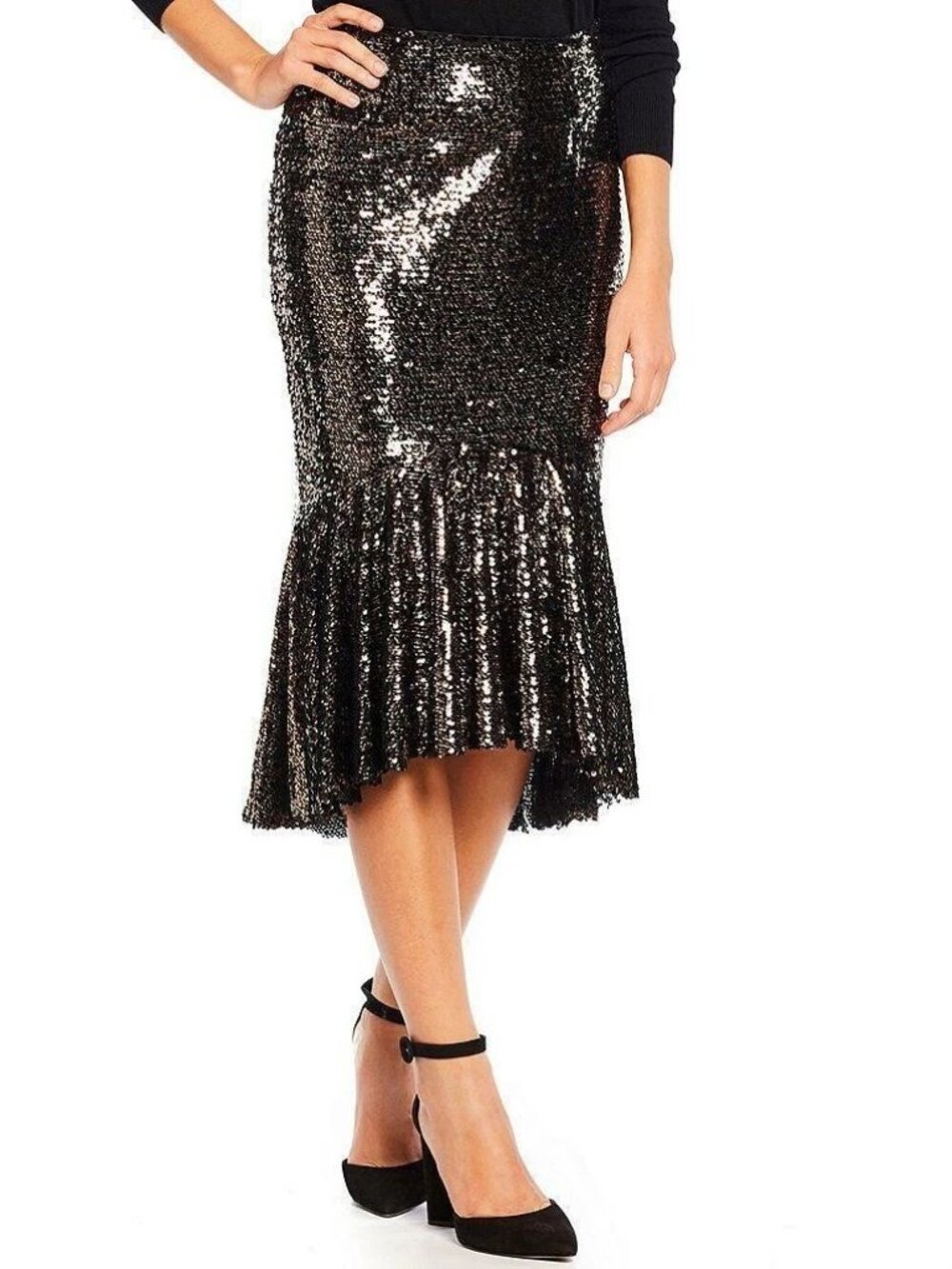 Gianni Bini Women's Size L Black Bronze Sequin Mermaid Skirt Stretch Knee Length